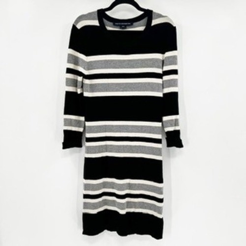 French Connection Womens Striped Sweater Dress Black Grey White Long Sleeve Sz 8